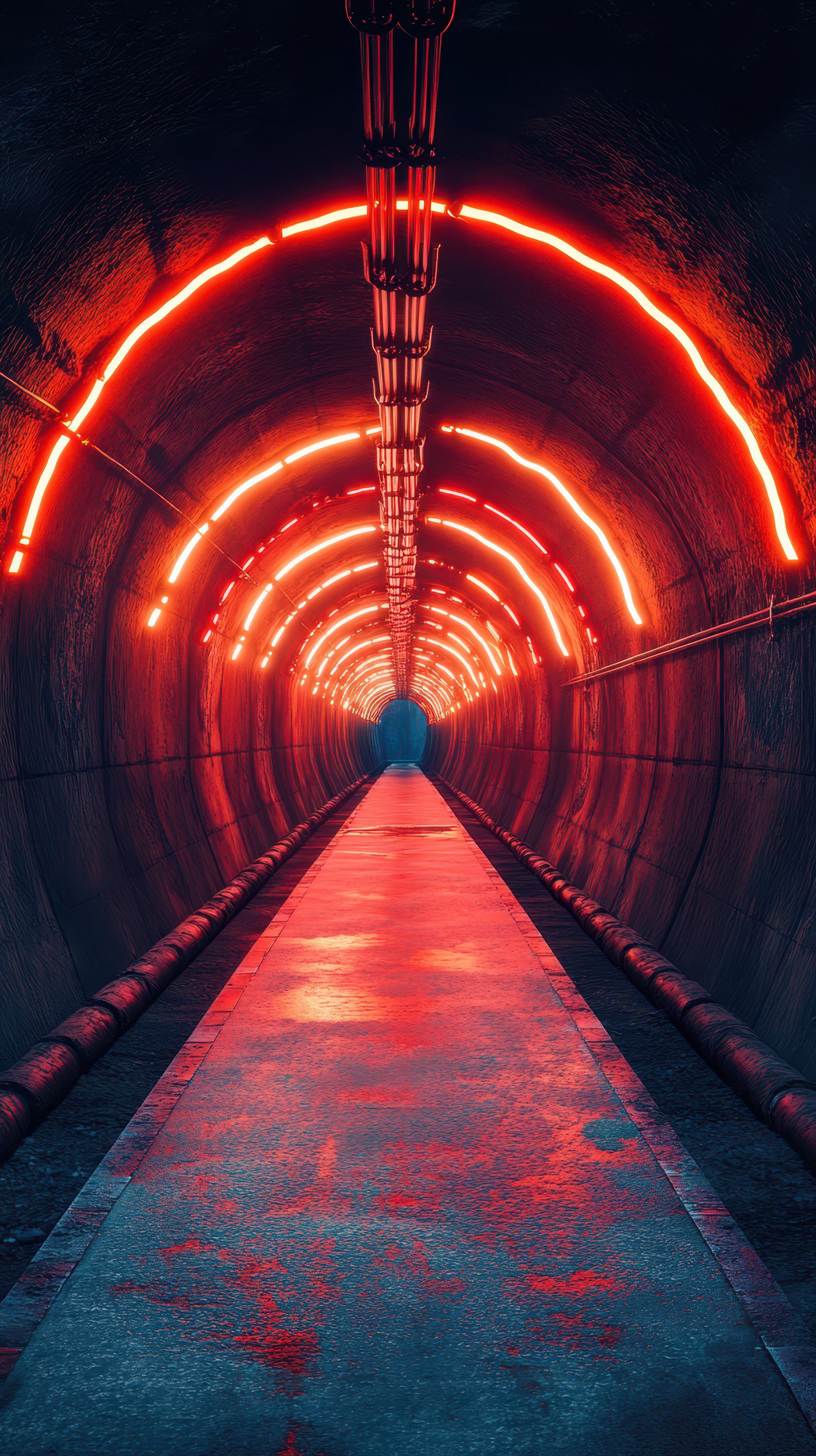 Bright red neon lights illuminate a long, curved tunnel in an underground setting during nighttime